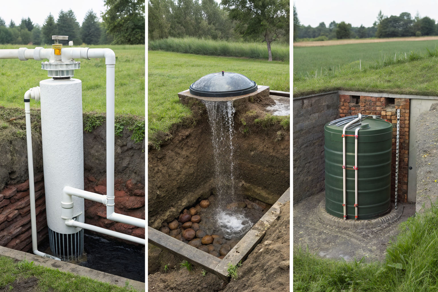 Septic system stages: sewage entry, biological treatment, clean output.