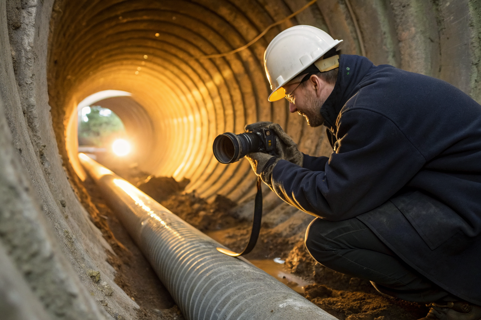 Inspector uses camera for internal septic pipe inspection.