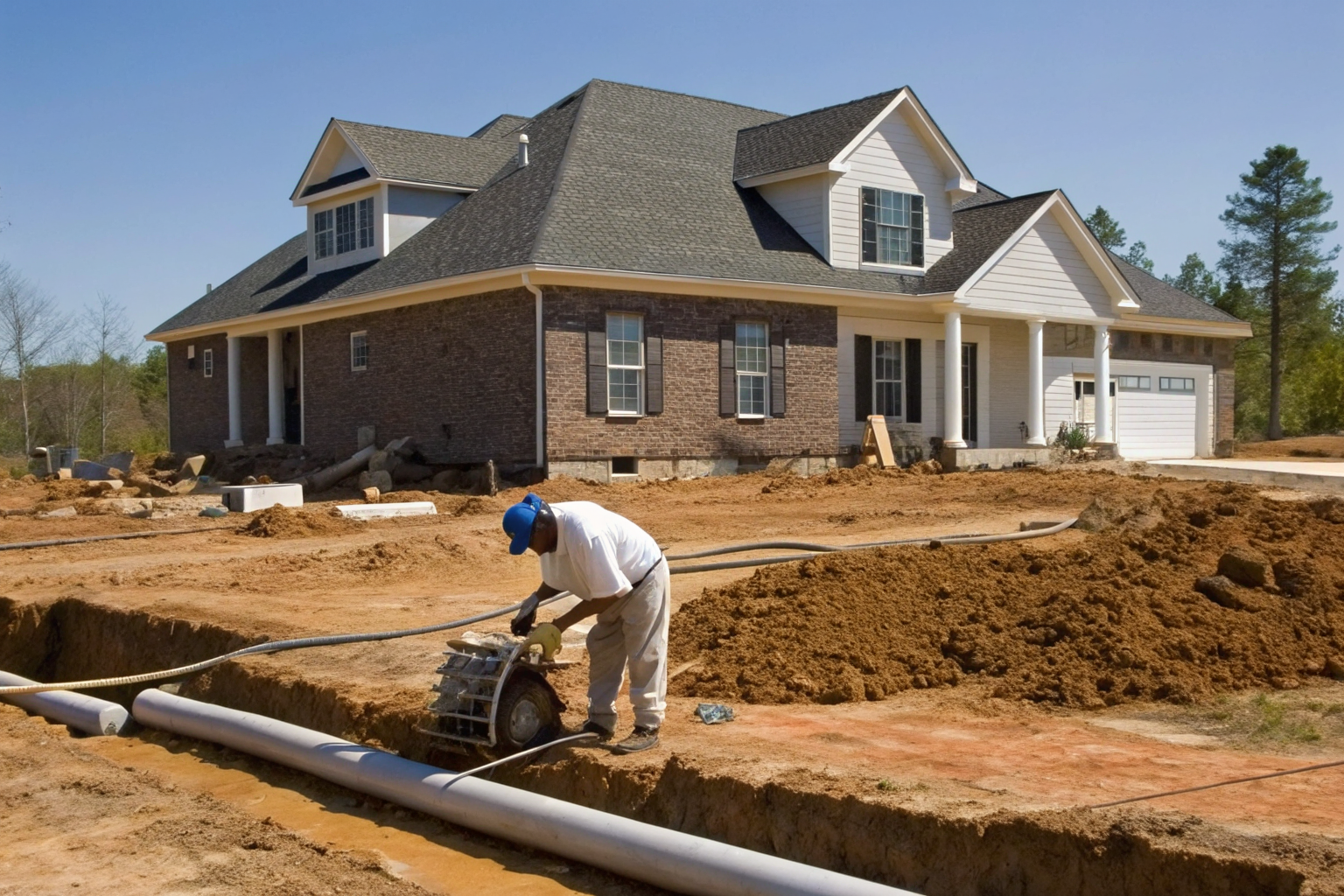Worker conducting soil test at Alabama construction site.