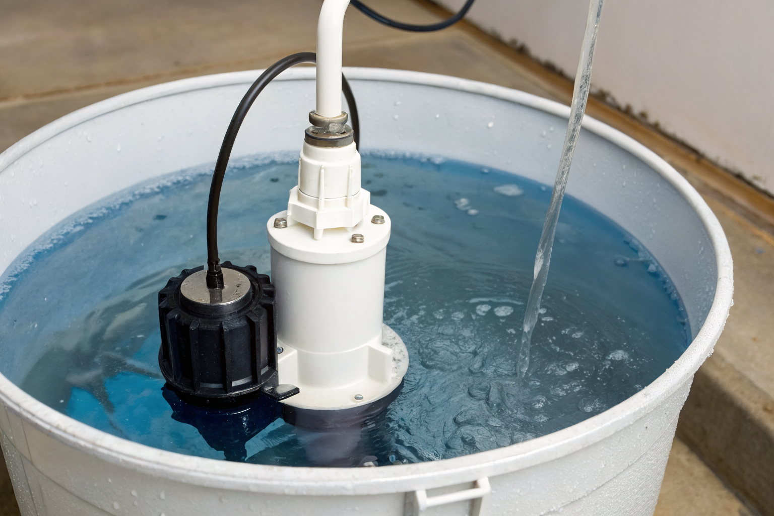 Septic tank sensor above water level inside a pump tank.