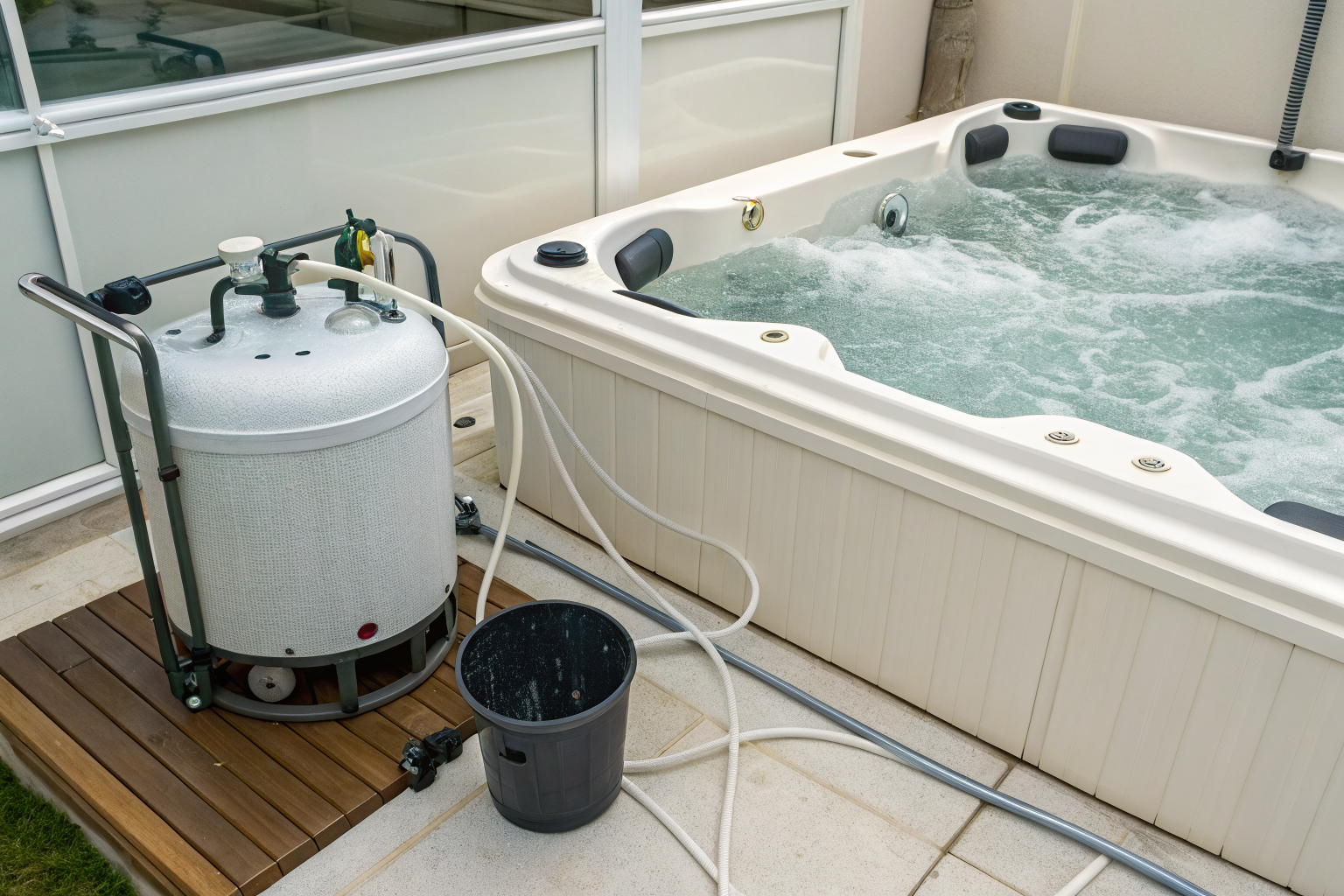 Hot tub water drainage with chemical neutralization setup.