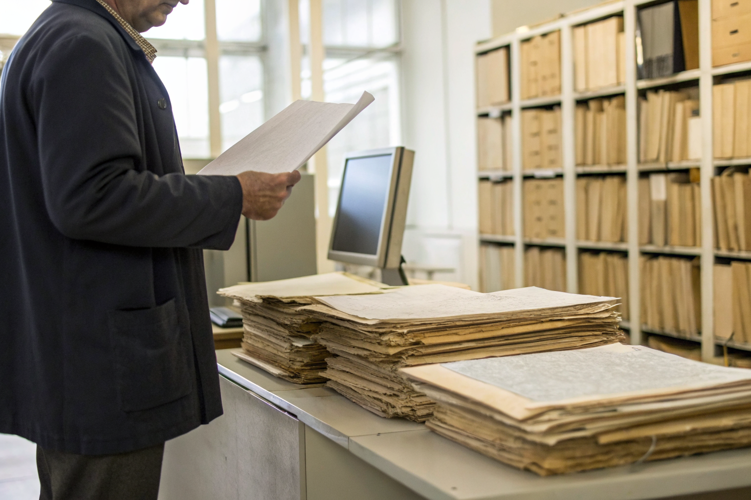Person reviewing septic system records in municipal office.