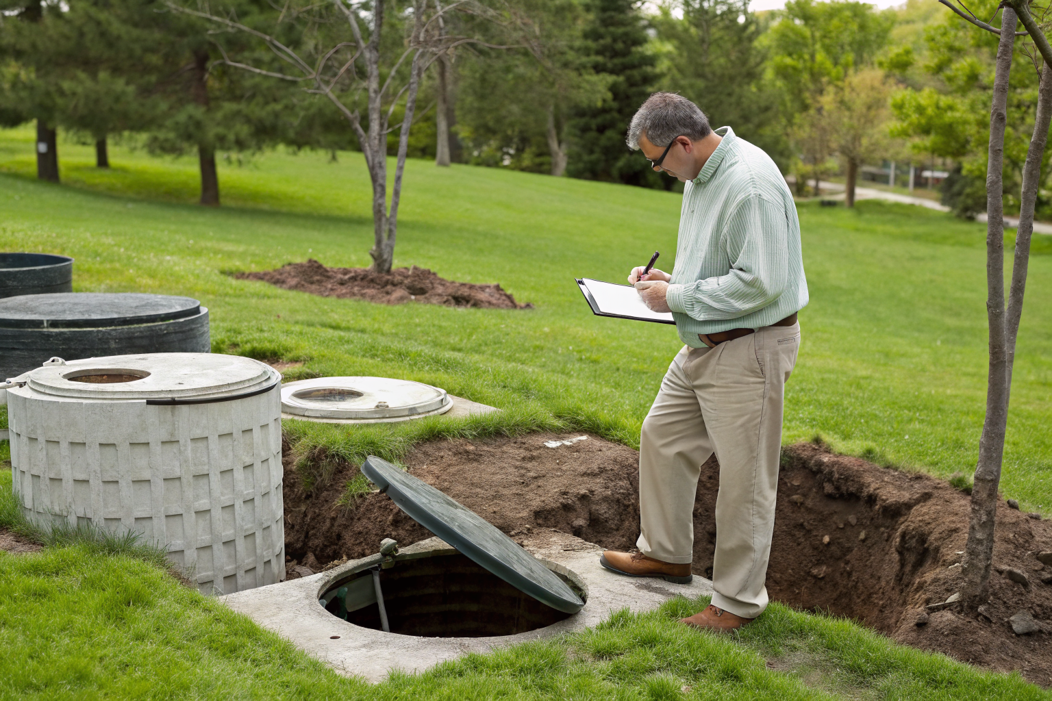 On-site evaluator inspects septic repair, holding approval documents near system.