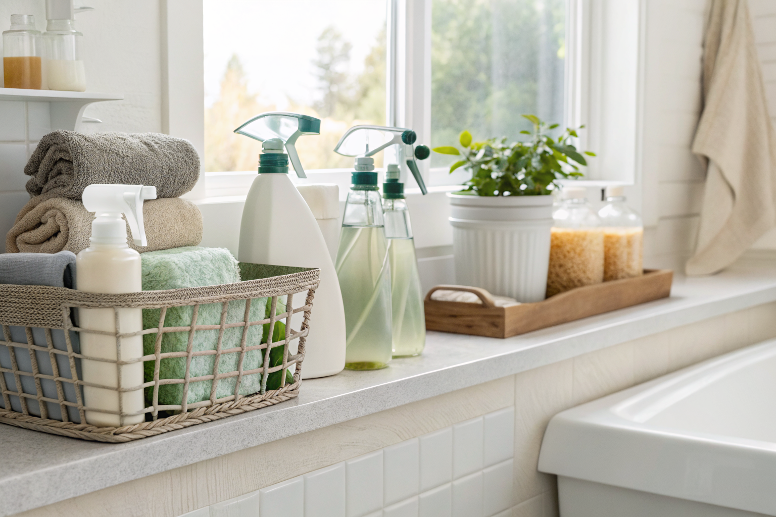 Enzyme-based cleaning products in a bathroom setting.