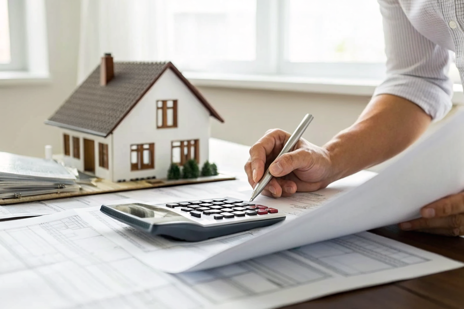Homeowner budgeting for septic costs with calculator and documents.