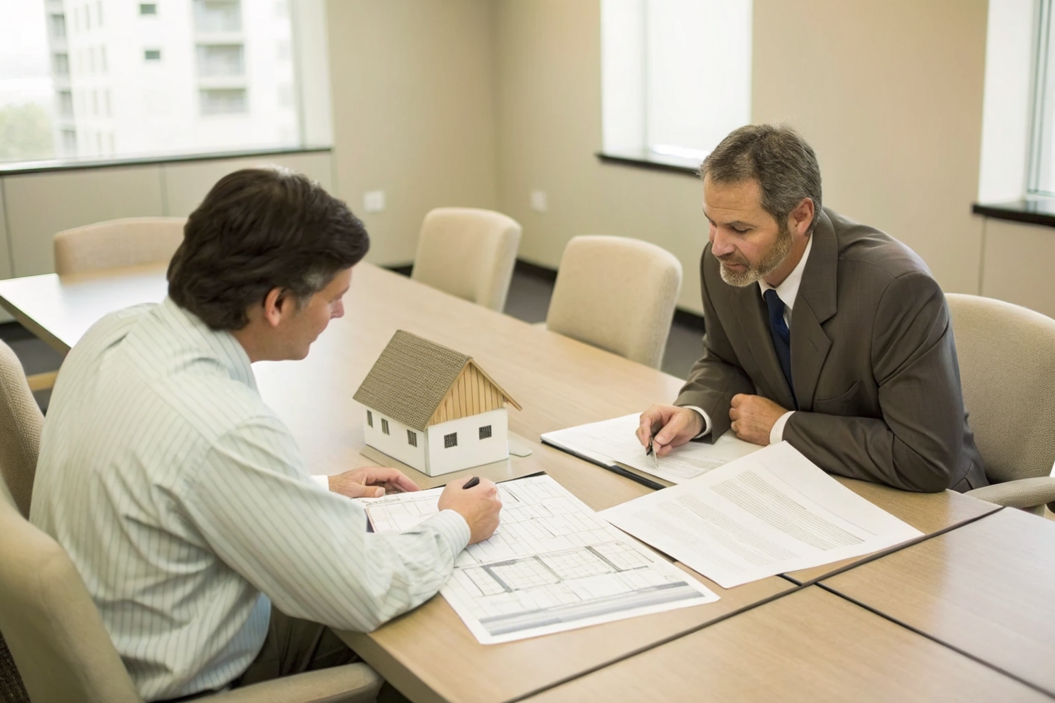 Buyer and seller negotiating septic repair costs with documents.