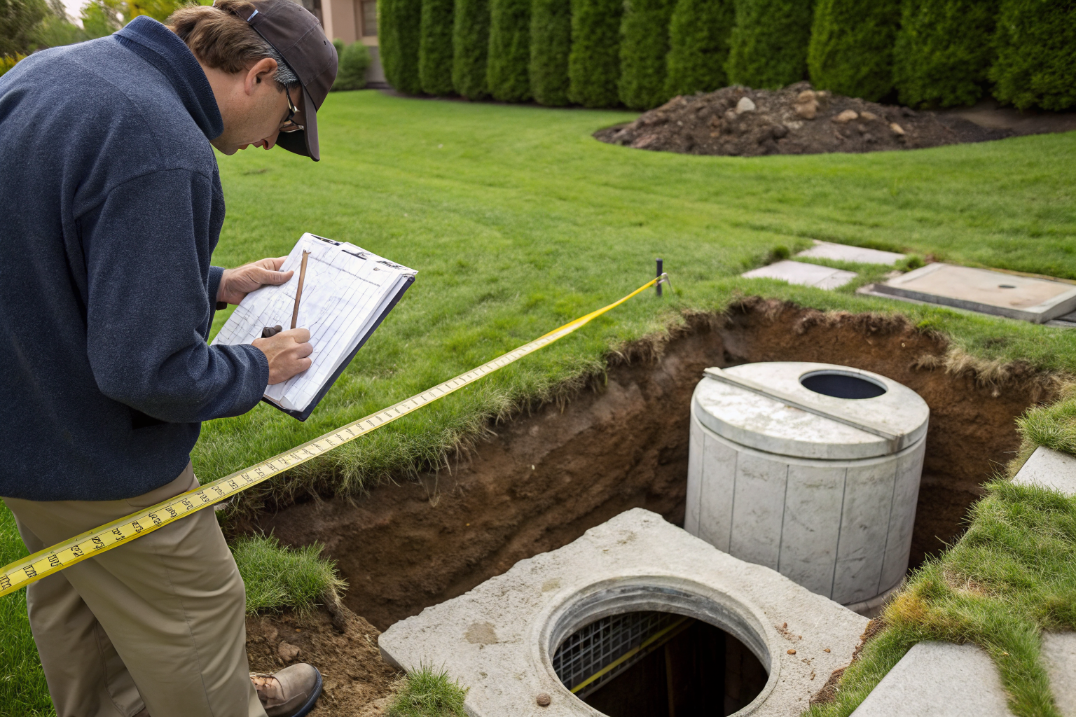 Person measuring septic tank, examining permit records.
