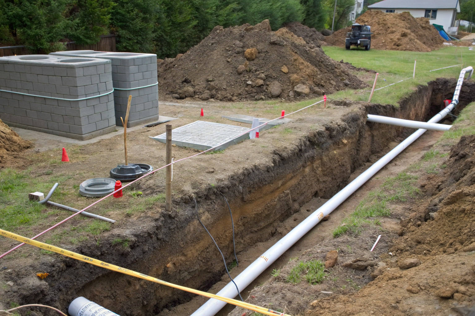 Septic system with highlighted setback distance violations.