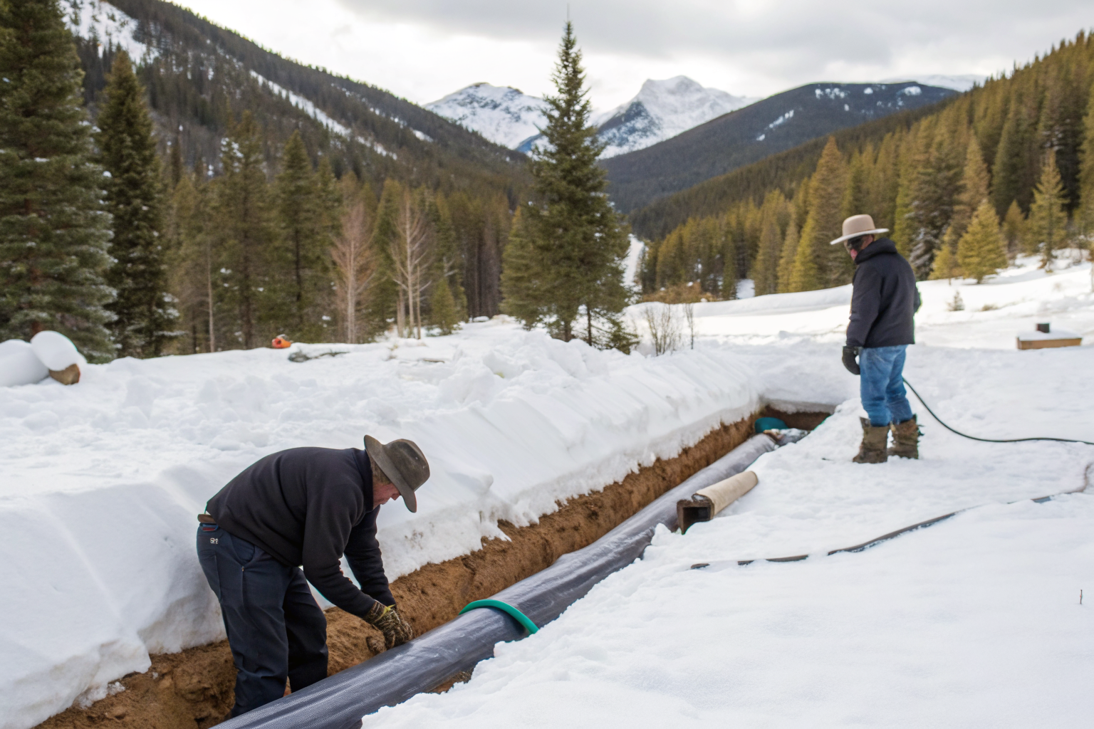 Workers installing insulation on a septic system in snowy conditions.