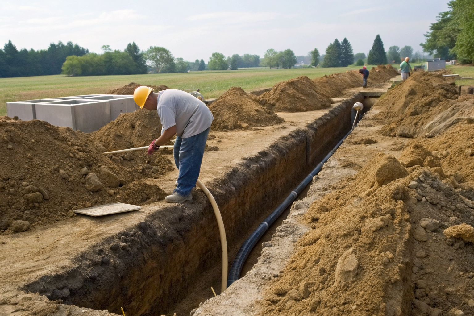 Construction worker installing septic system in Ohio with burial depth detail.