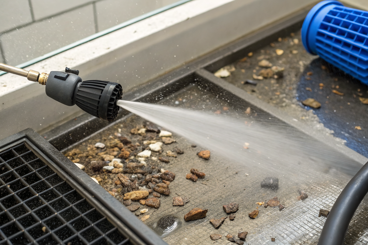 Close-up of a spray head with debris screens for maintenance.