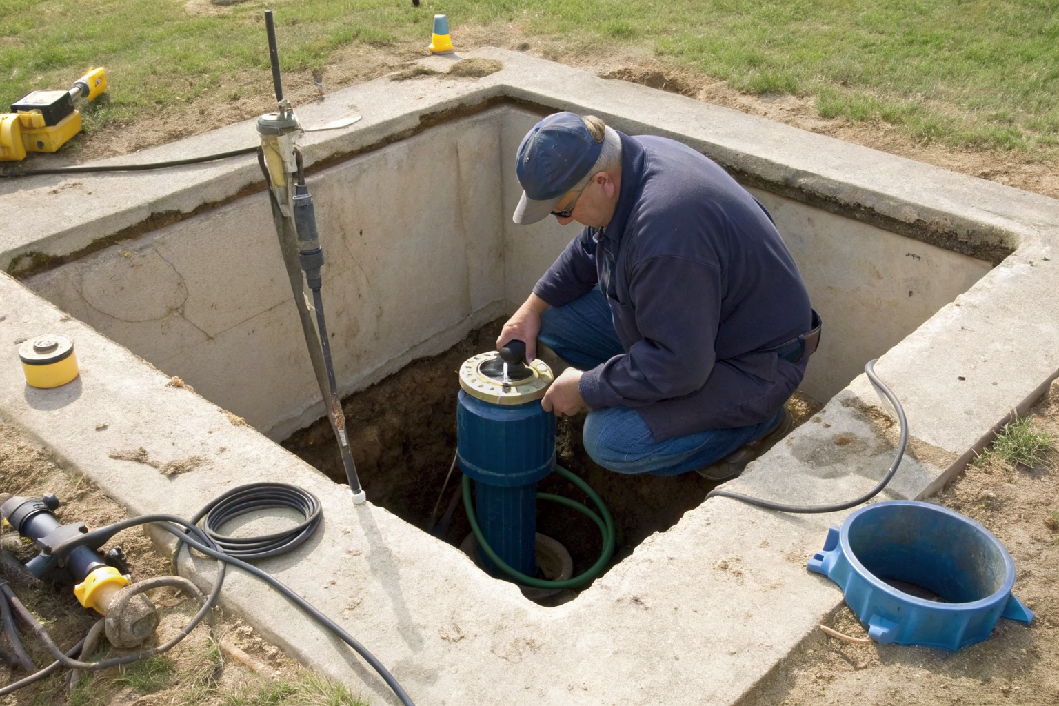 Technician inspecting dosing pump in mound septic system under daylight.