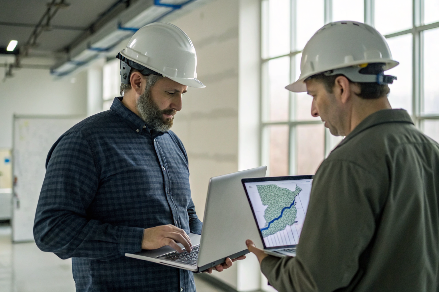 Engineers comparing septic regulations with laptops in an office setting.