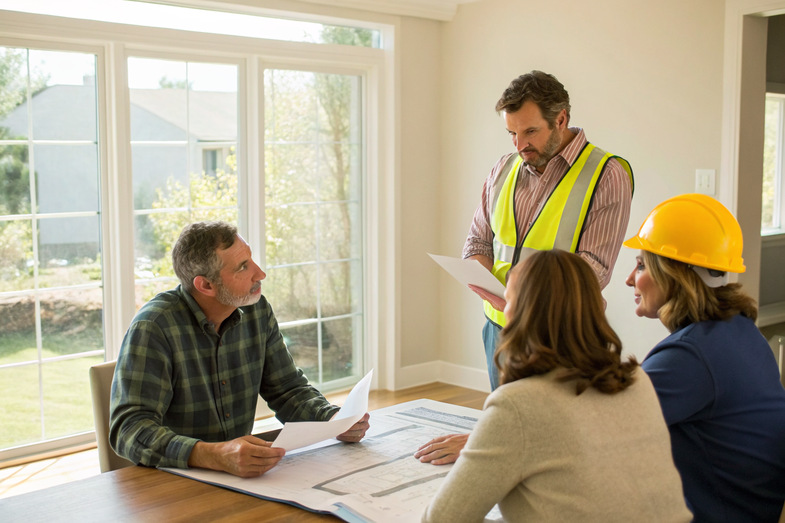 Homeowners and contractor discussing septic repair plans indoors.