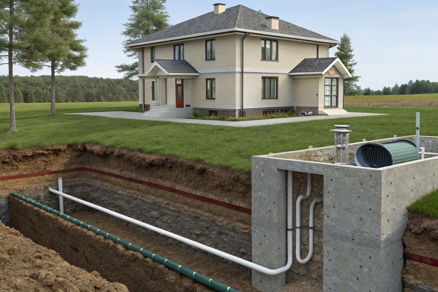 Cross-section of a gravity septic system with wastewater flow.