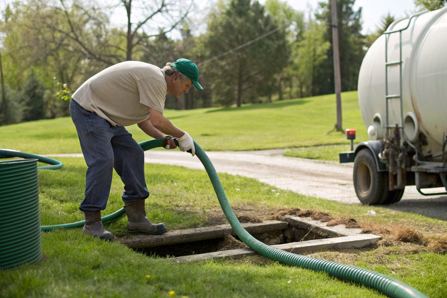 Technician using pump without measuring sludge at a tank.