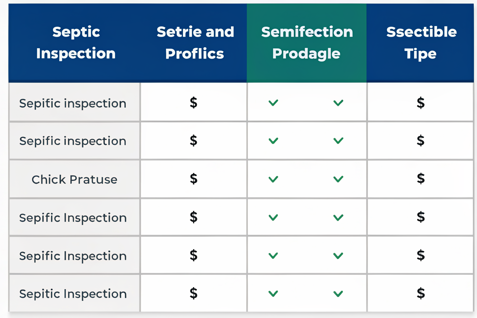 Table showing types of septic inspections with costs and durations.