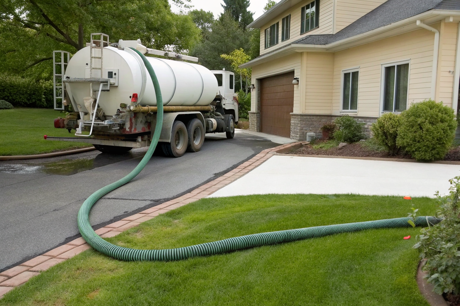 Pumping truck in a driveway with hoses connected to a septic tank.