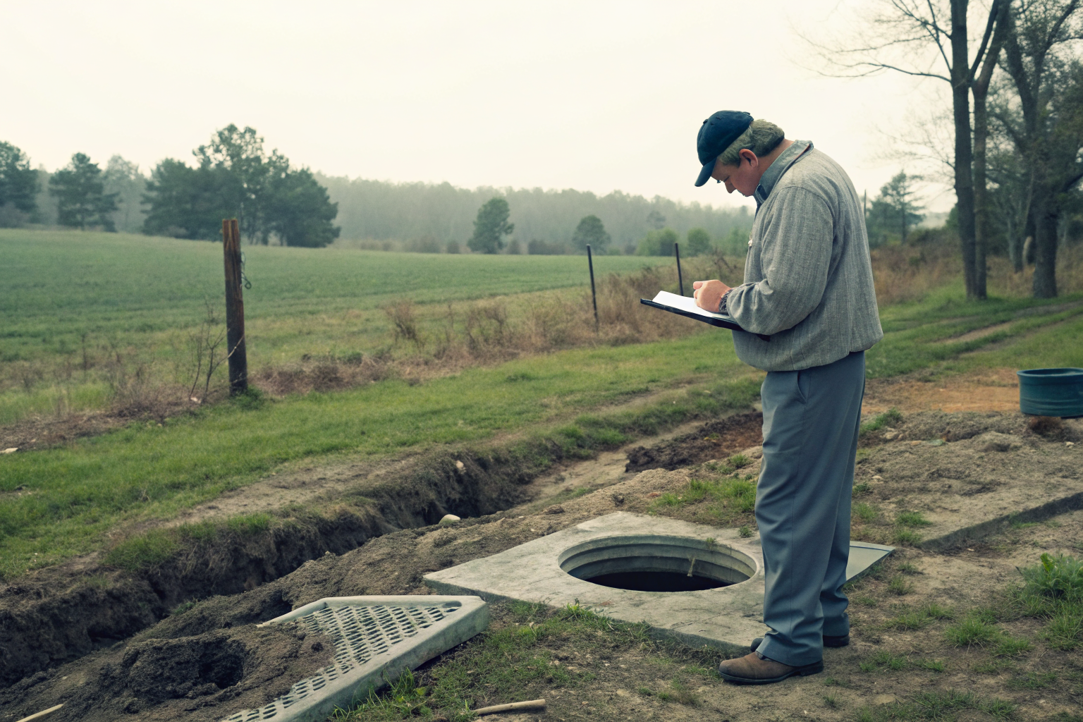 Official inspecting septic system at rural Georgia site.