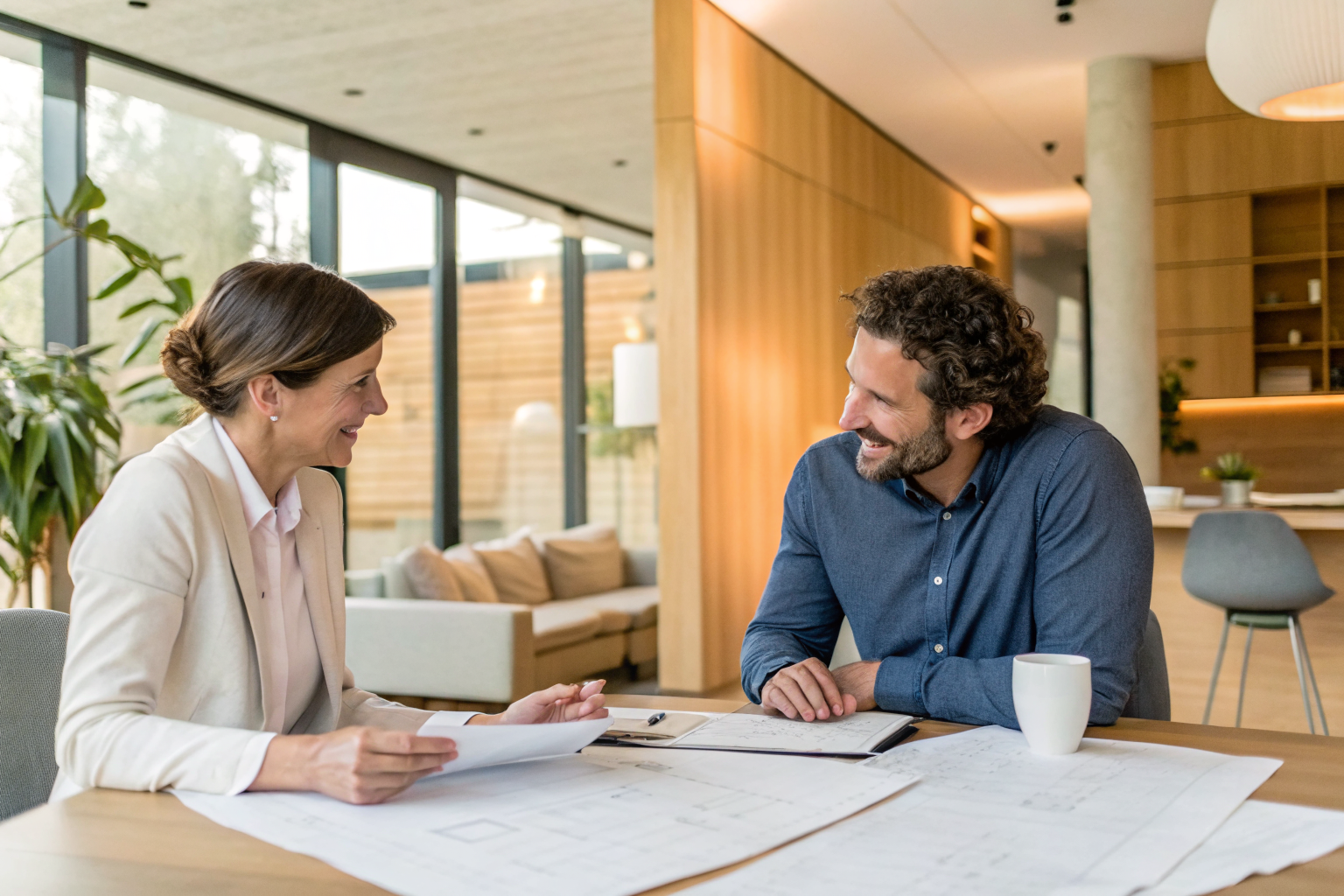 Design-build company and homeowner discussing service options.