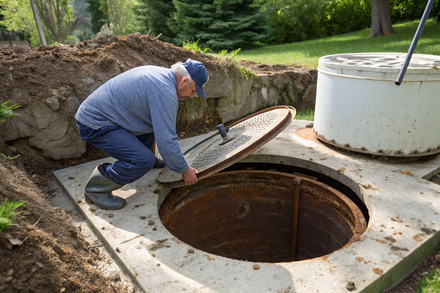 Homeowner inspecting a rusted steel septic tank outdoors.