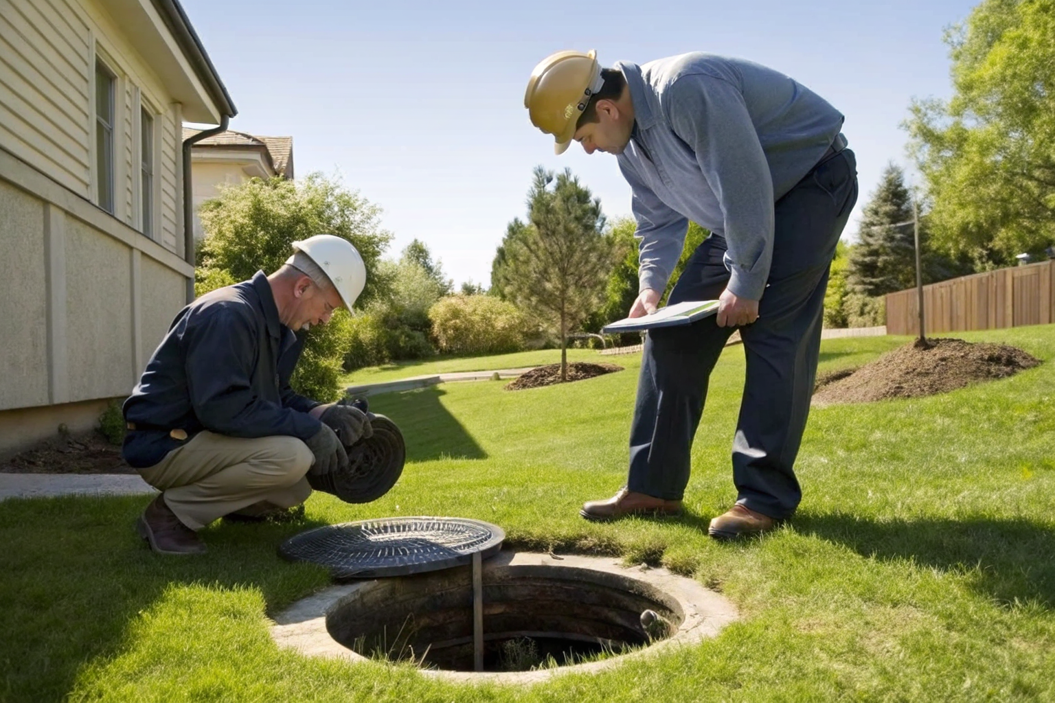 Inspectors examining a septic system in a backyard setting.