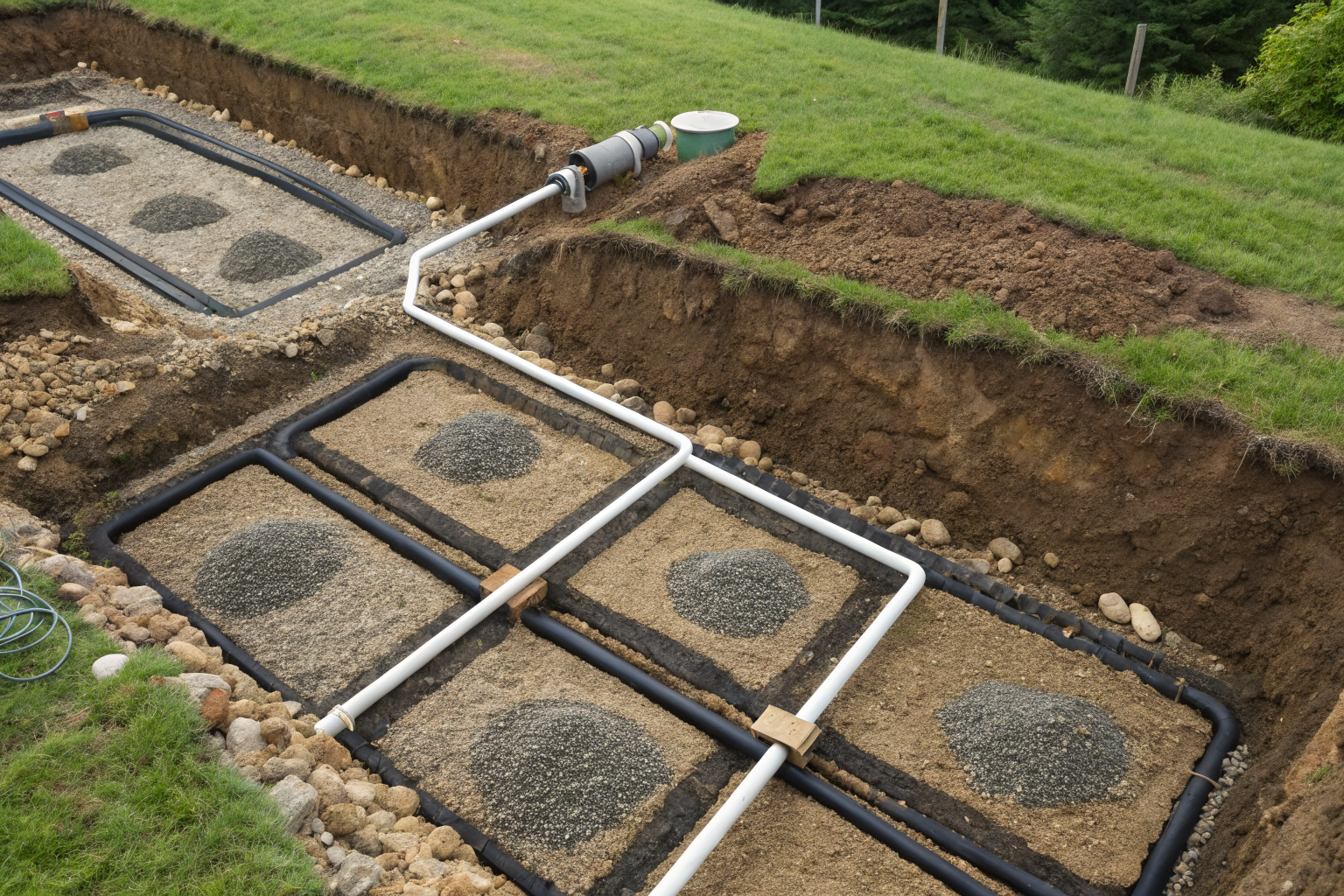 Drainfield with perforated pipes and gravel beds filtering water.
