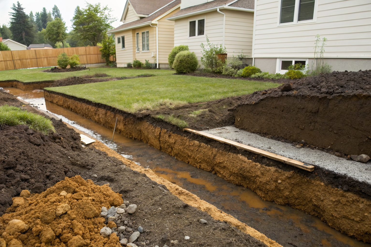 Residential drainfield showing soil layers and water absorption.
