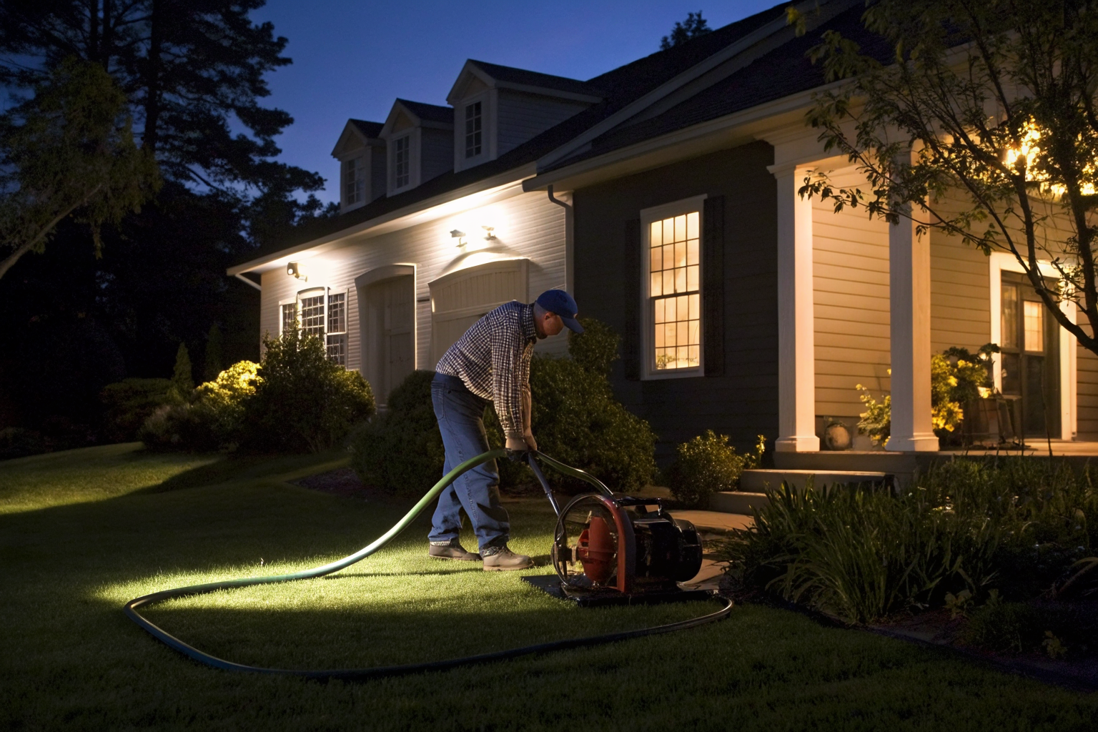 Technician handling emergency septic pumping equipment at night.