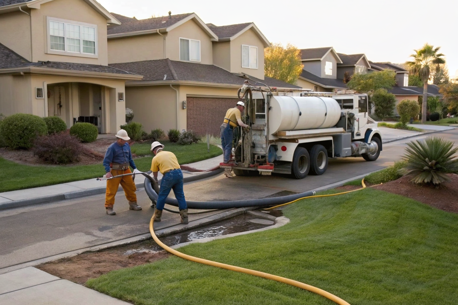 Septic truck performing emergency service in neighborhood.