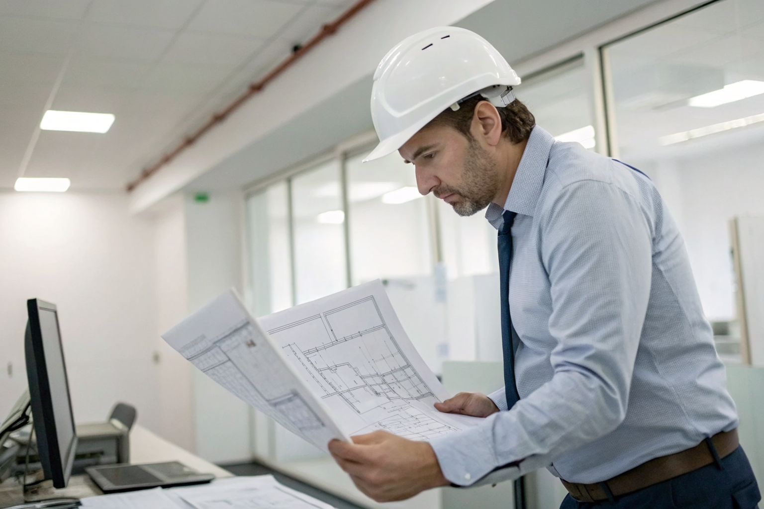 Engineer stamping certification documents for a septic system in an office.
