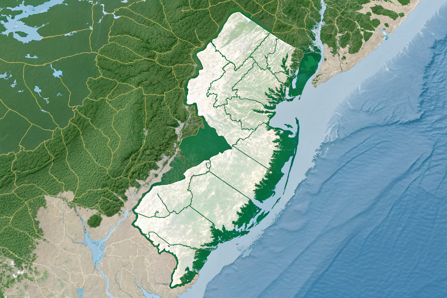 Map of New Jersey highlighting Highlands, Pinelands, Coastal Zone areas.