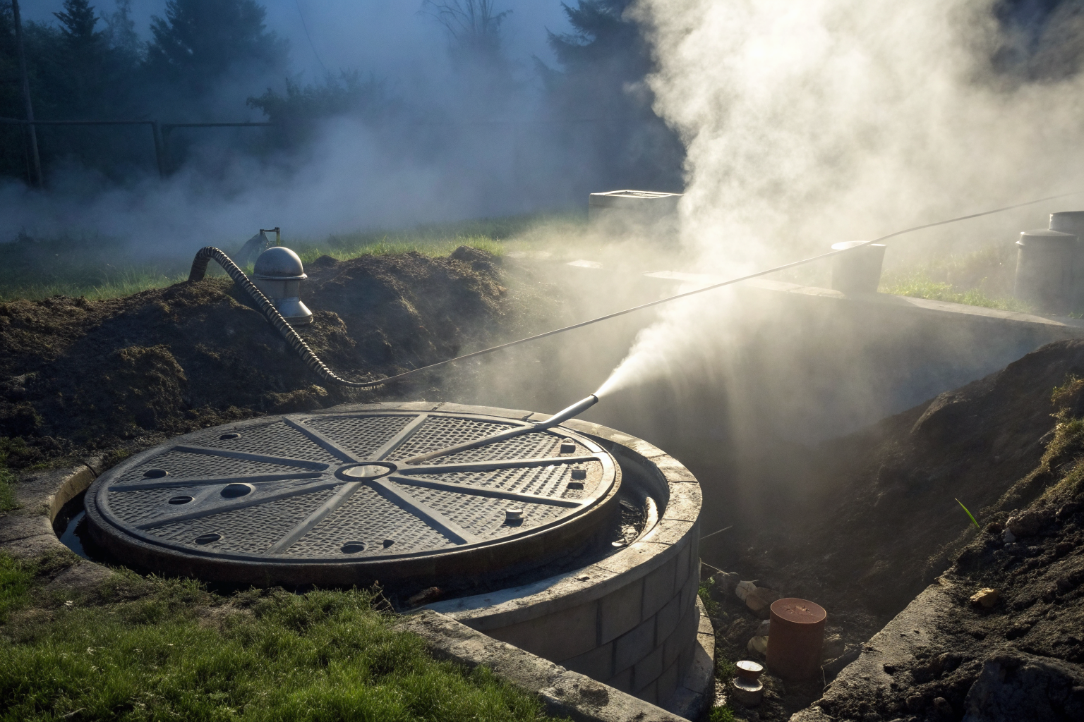 Aerobic septic system with oxygen injection and volumetric fog.