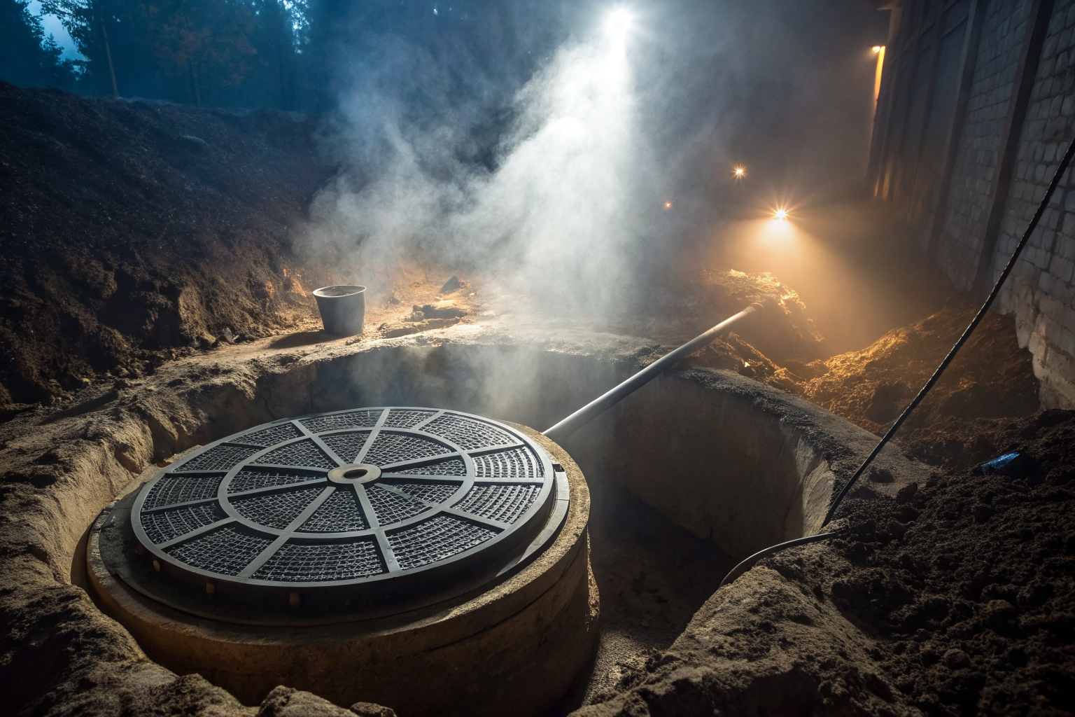 Effluent filter inside a septic tank with dramatic lighting.