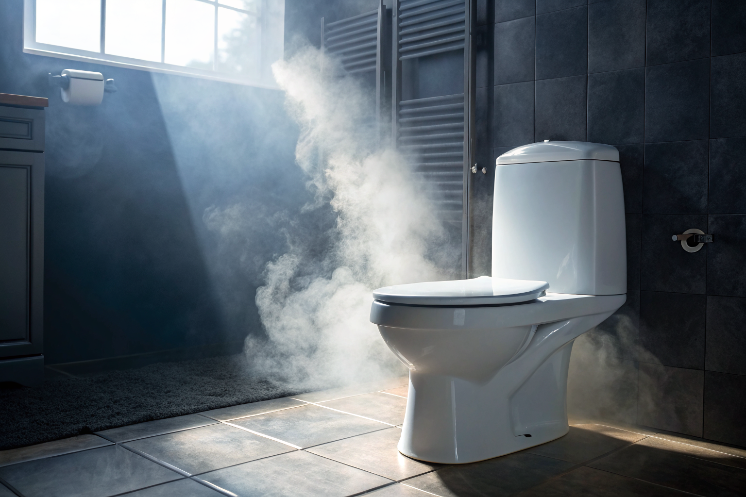 Modern low-flow toilet in cinematic lighting, emphasizing water conservation.