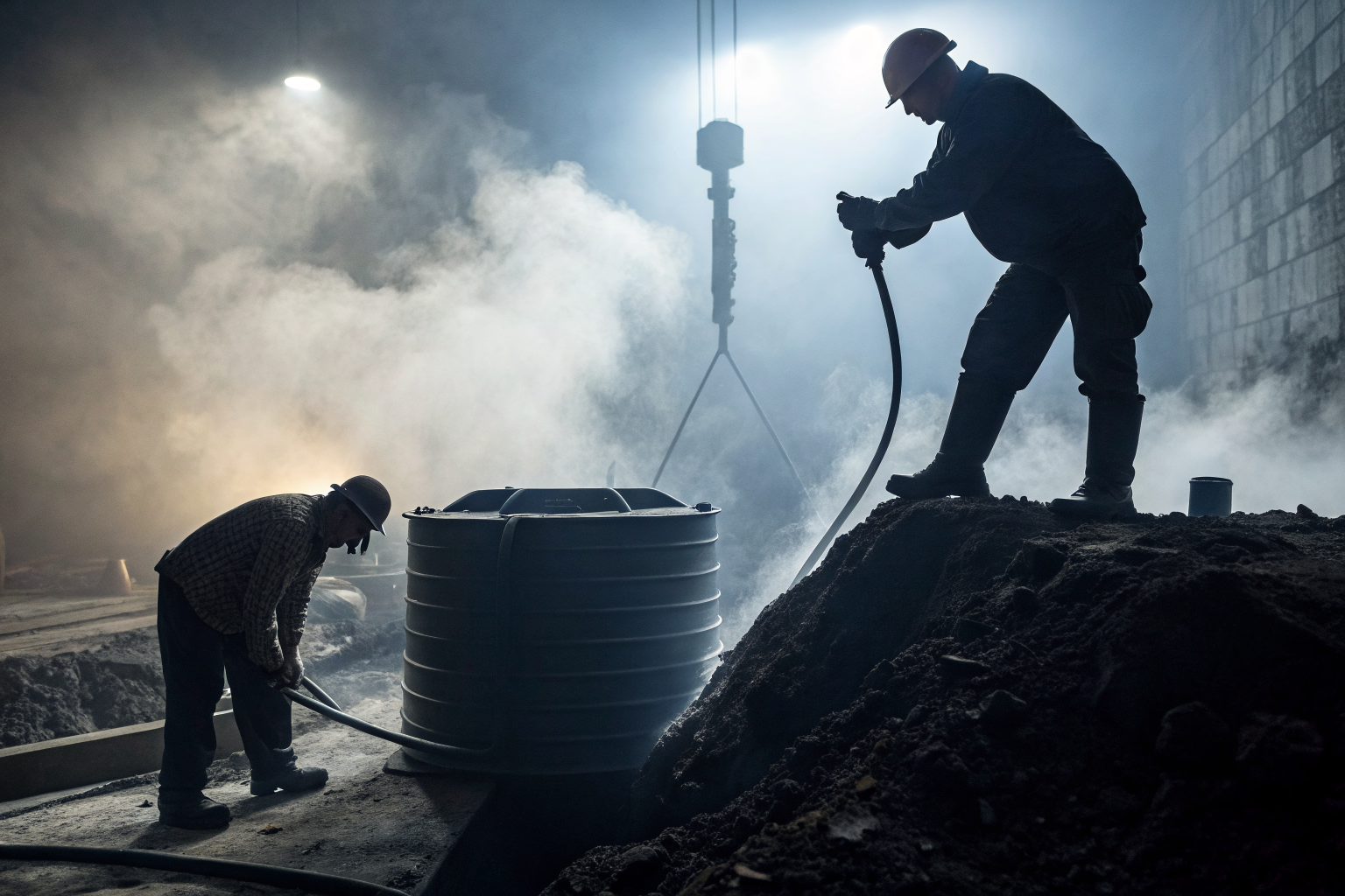 Worker installing a Polylok septic tank riser with dramatic lighting.