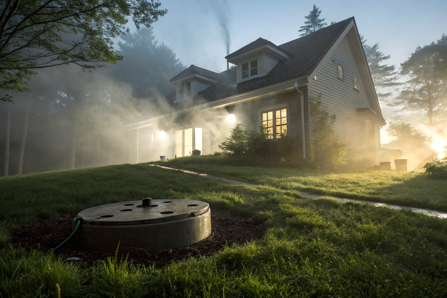 House with septic tank, dramatic lighting, lush surroundings.