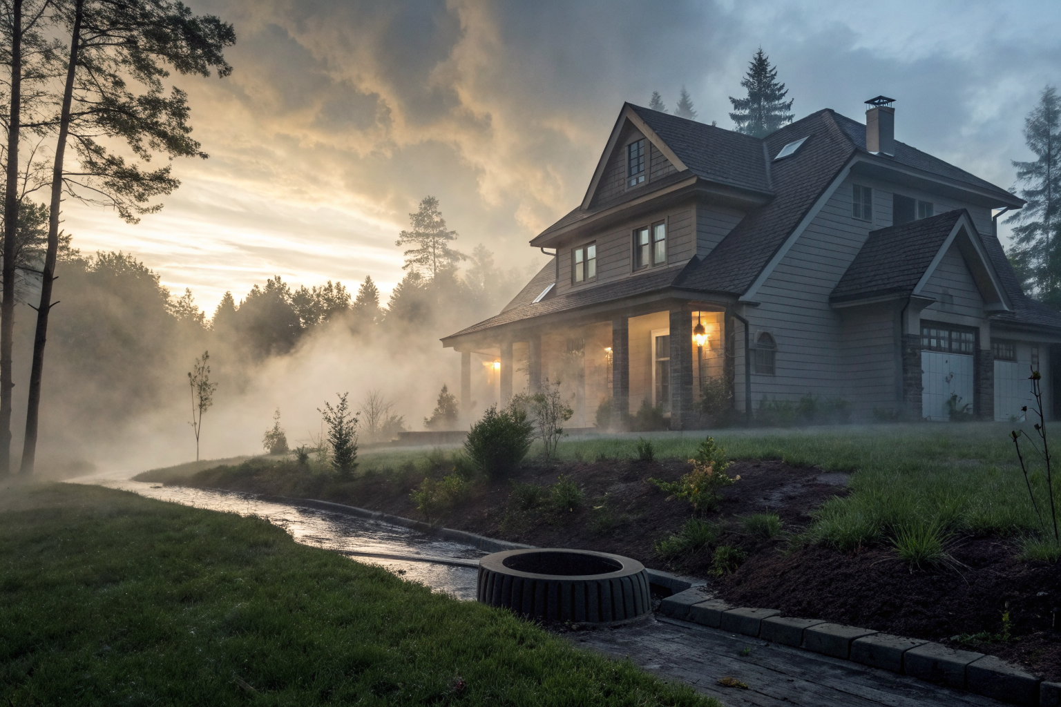A house with a visible septic system, dramatic lighting and fog.