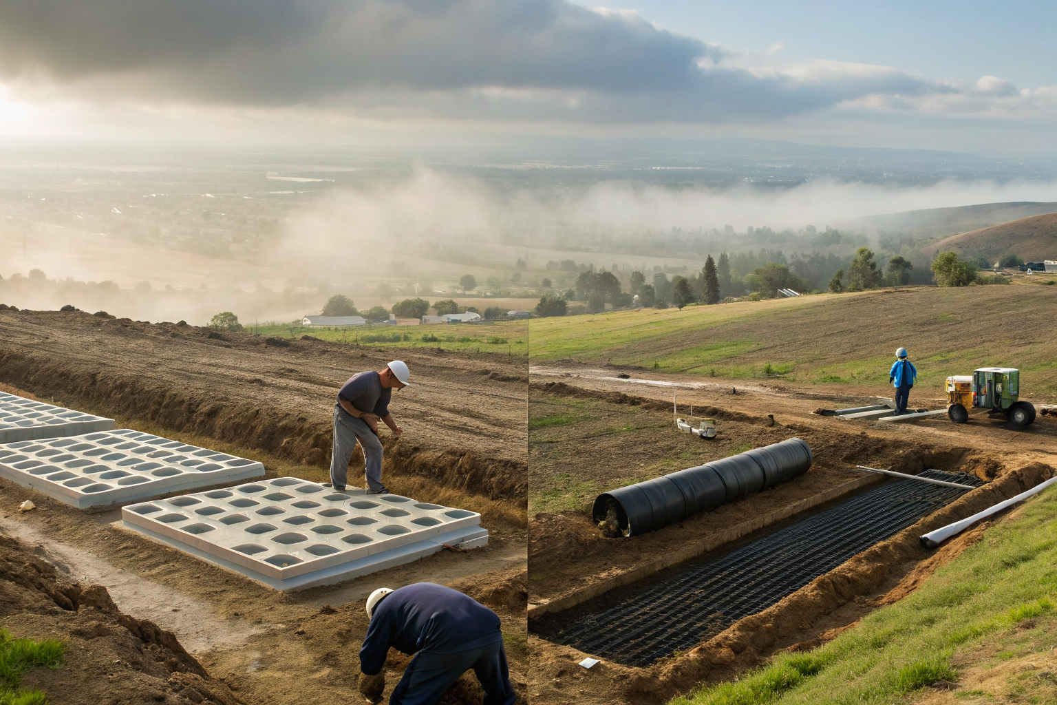 Workers installing conventional and aerobic septic systems in a split landscape view.