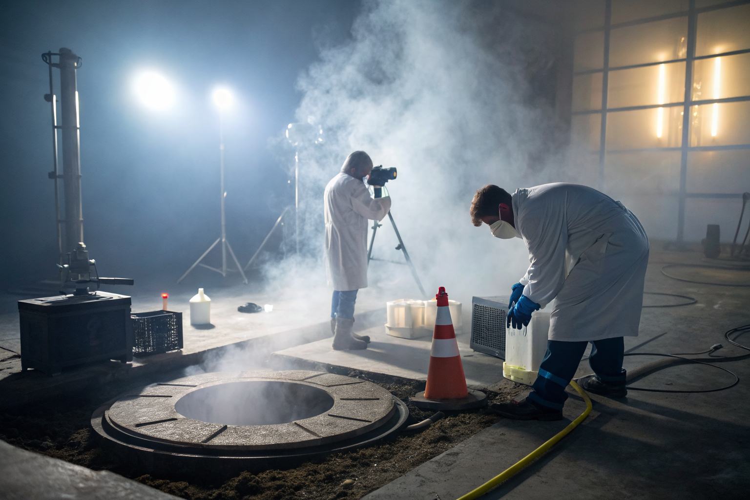 Technicians testing septic tank additives in a lab with equipment and samples