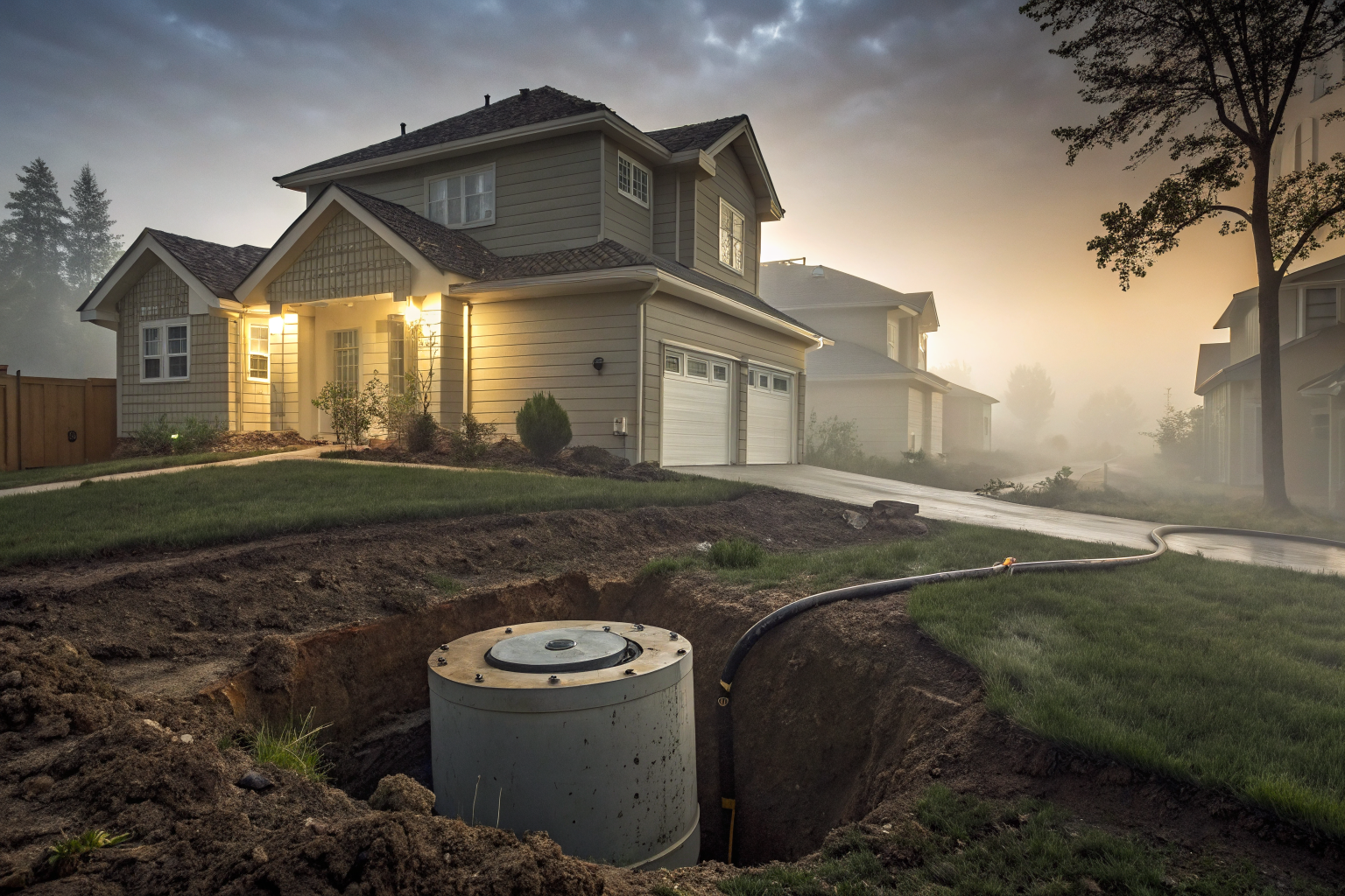 Suburban home with septic tank exposed, dramatic lighting, highlighting insurance theme.