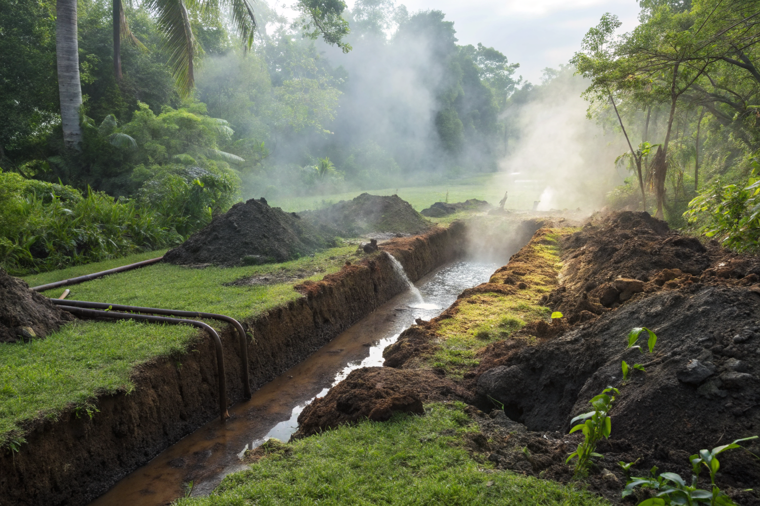 Septic drainfield failure with waterlogged soil and biomat in lush greenery.