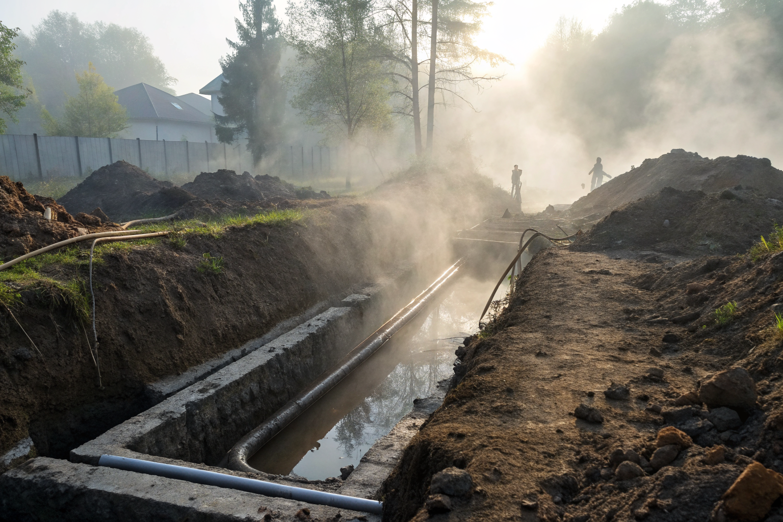 Septic system with wet drainfield under dramatic lighting, water pooling visibly.