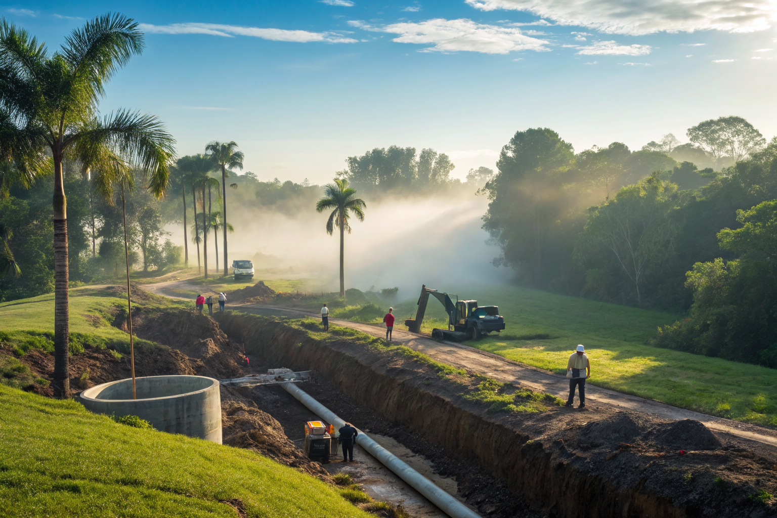 Florida landscape with septic system installation under clear sky.