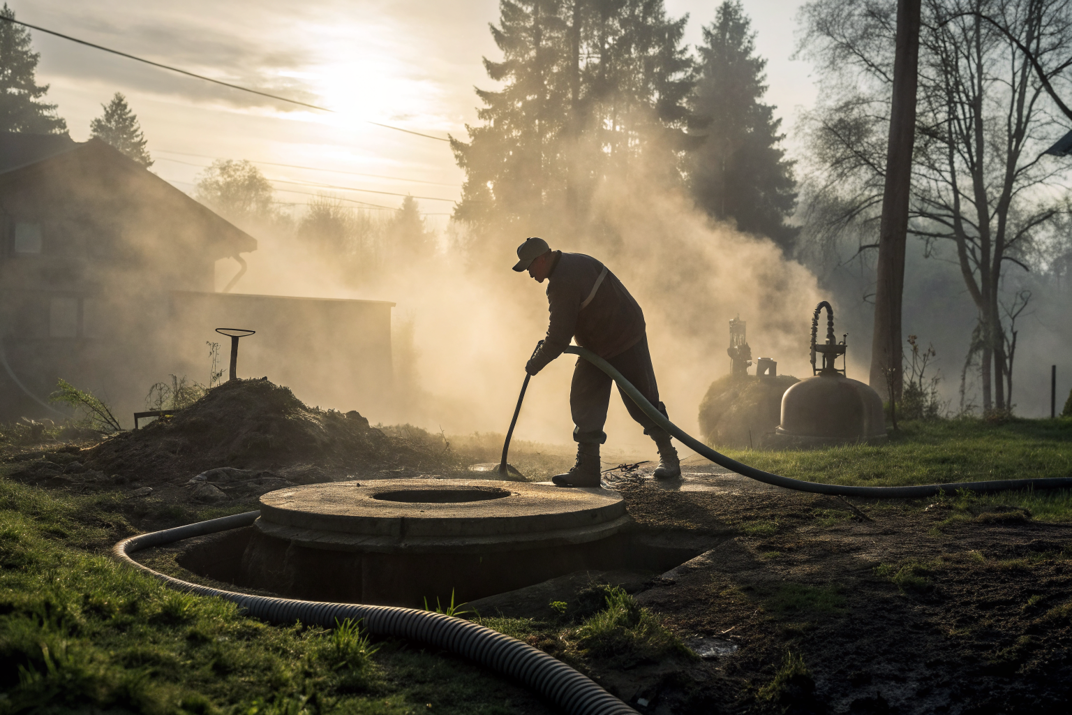 Worker pumping a septic tank in a backyard with dramatic lighting and fog.