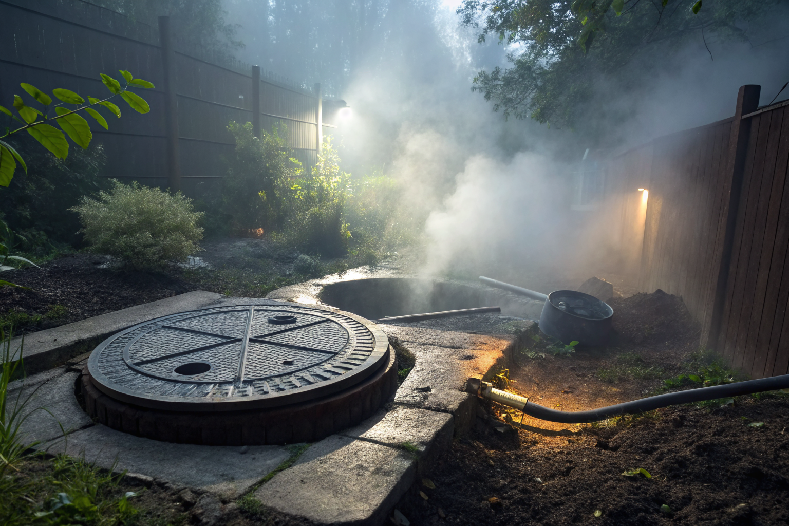 A septic tank in a backyard with dramatic lighting and fog.