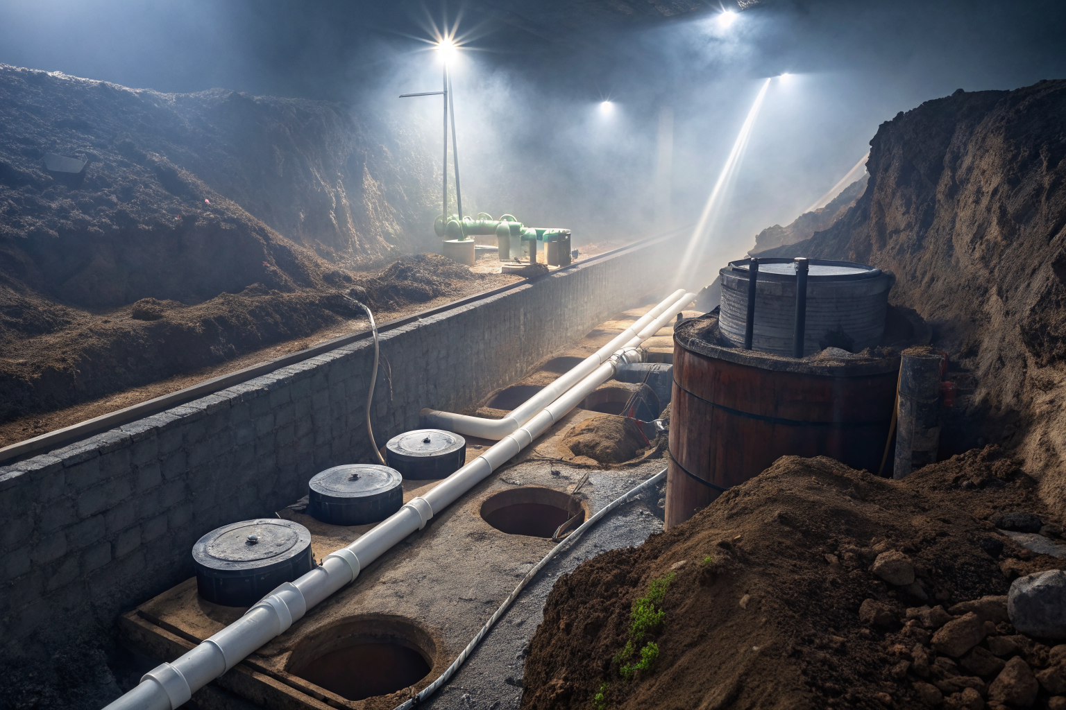 Underground septic system with wastewater flow and filtration layers.