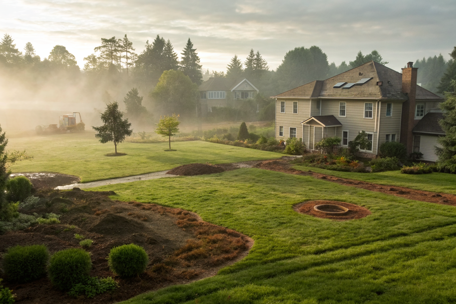 Suburban yard with grass color variations indicating septic tank location.