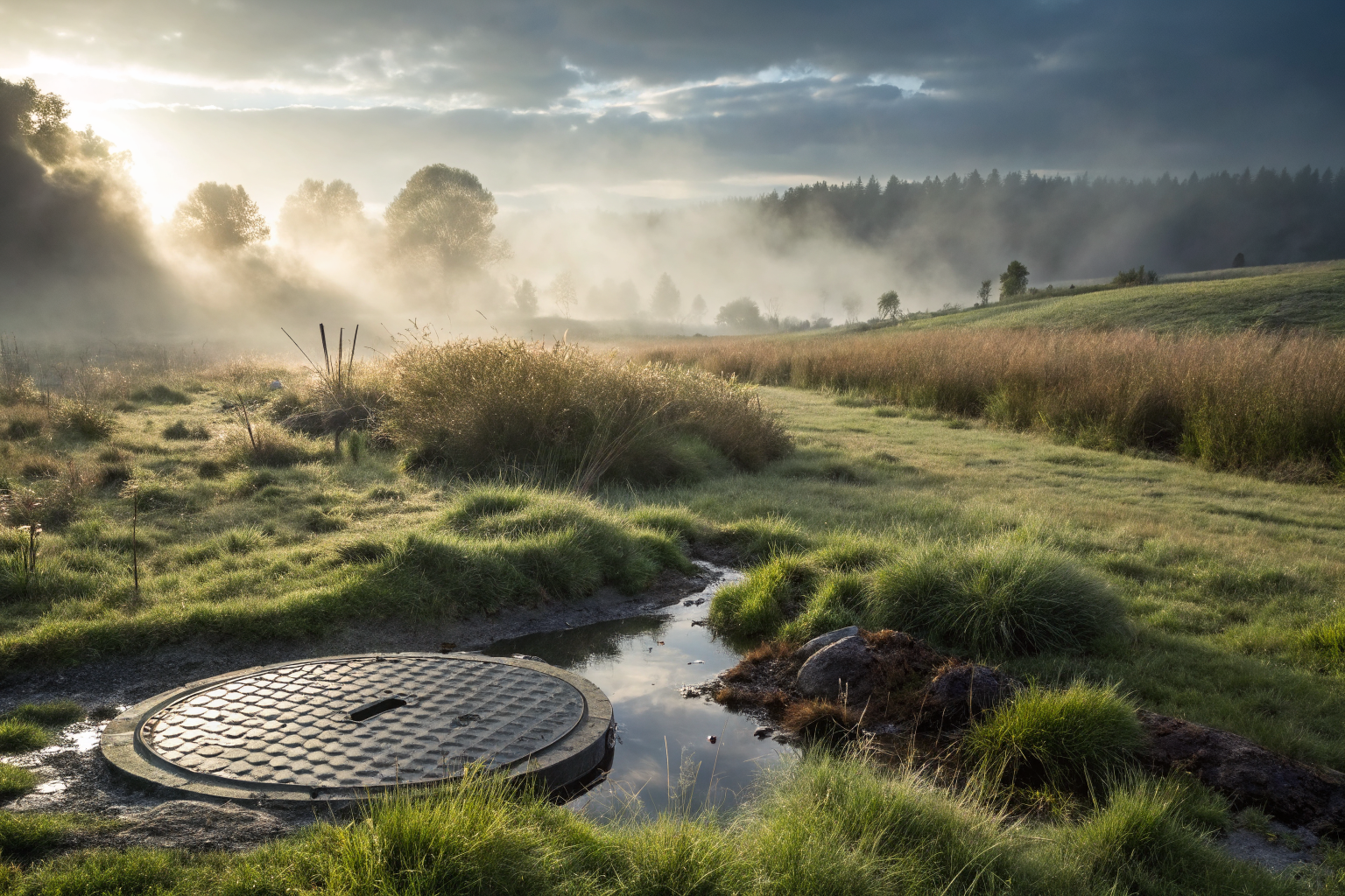 Grass around a visible septic tank in dramatic lighting with fog effects.