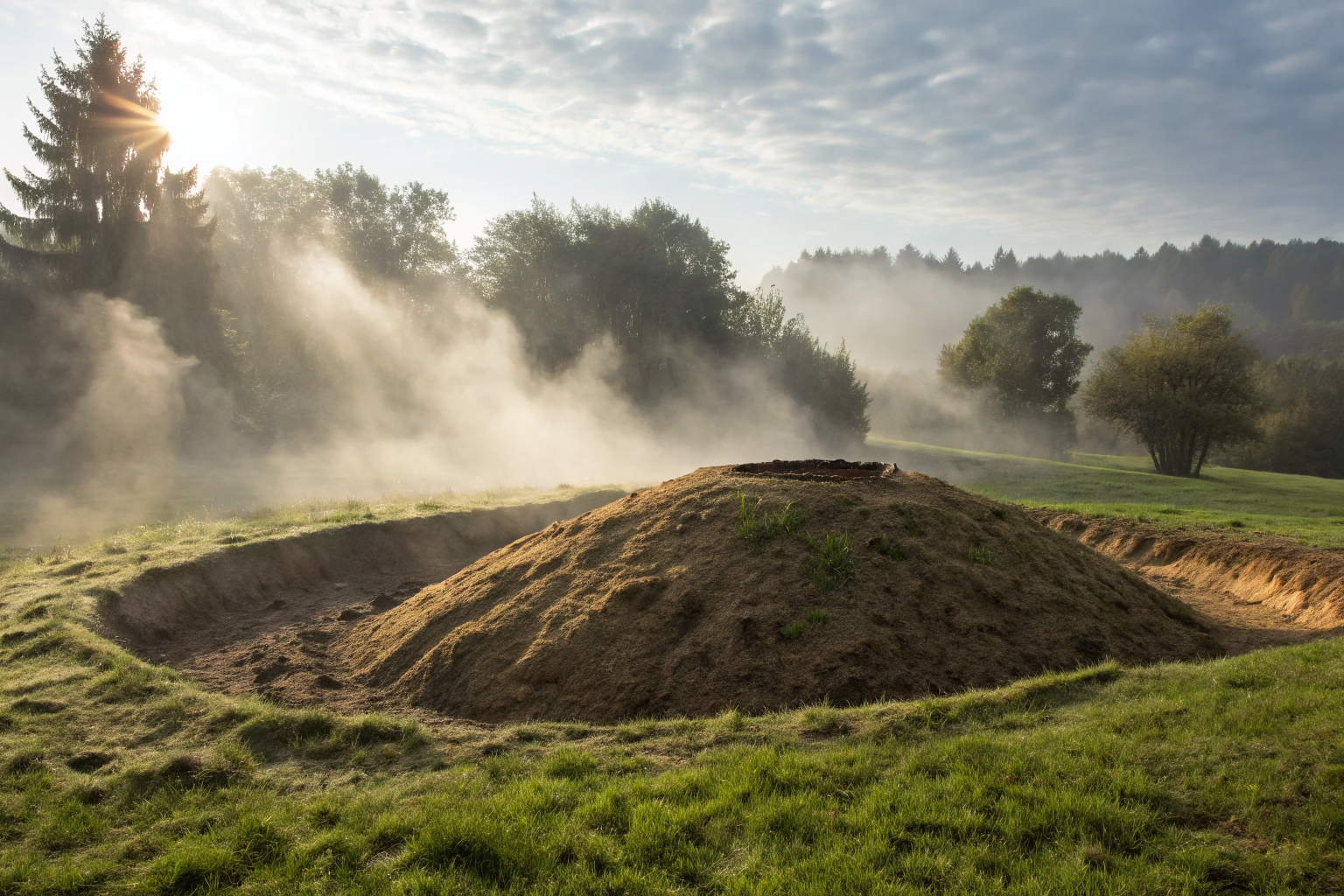 Elevated mound septic system on grassy landscape with dramatic lighting.